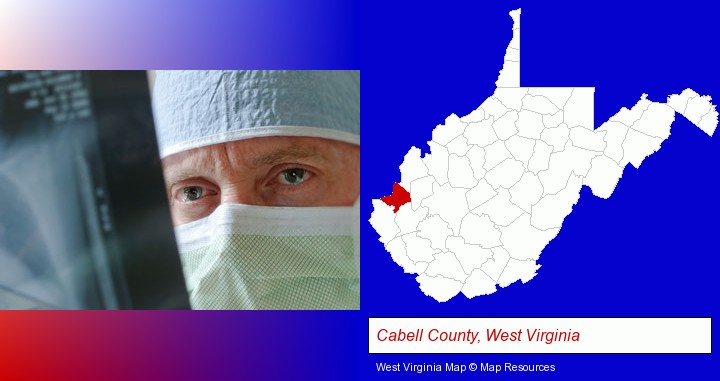 a physician viewing x-ray results; Cabell County, West Virginia highlighted in red on a map