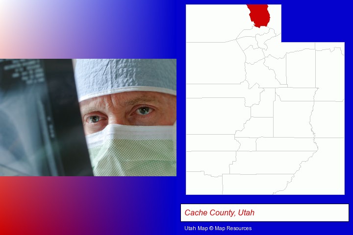 a physician viewing x-ray results; Cache County, Utah highlighted in red on a map