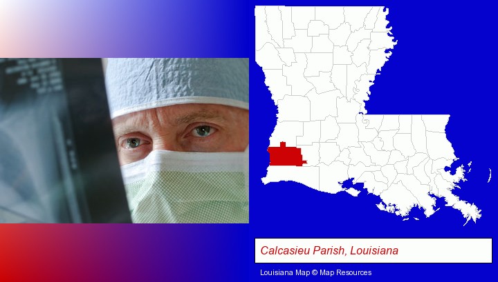 a physician viewing x-ray results; Calcasieu Parish, Louisiana highlighted in red on a map