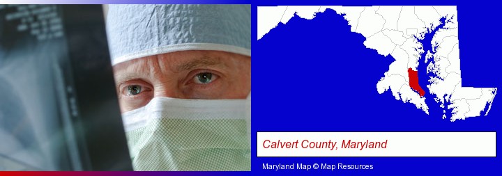 a physician viewing x-ray results; Calvert County, Maryland highlighted in red on a map