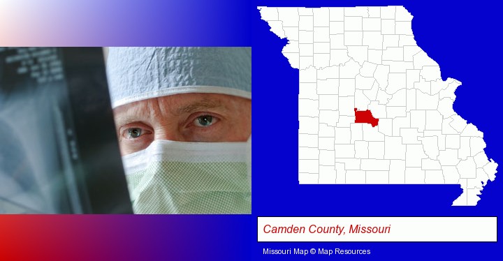 a physician viewing x-ray results; Camden County, Missouri highlighted in red on a map