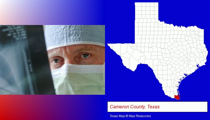 a physician viewing x-ray results; Cameron County, Texas highlighted in red on a map