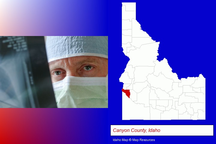 a physician viewing x-ray results; Canyon County, Idaho highlighted in red on a map
