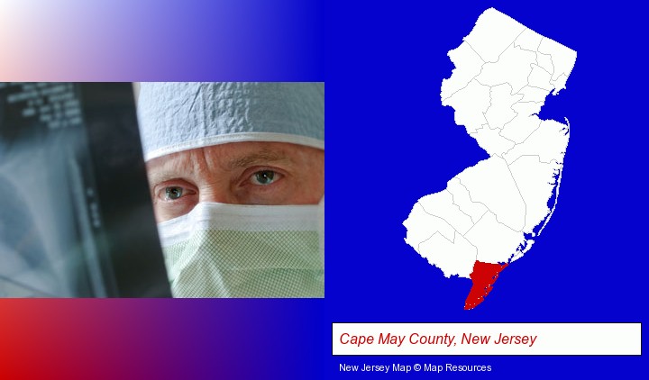 a physician viewing x-ray results; Cape May County, New Jersey highlighted in red on a map