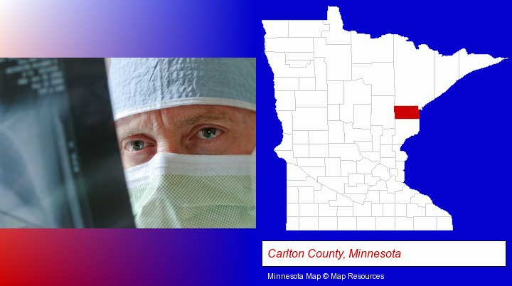 a physician viewing x-ray results; Carlton County, Minnesota highlighted in red on a map