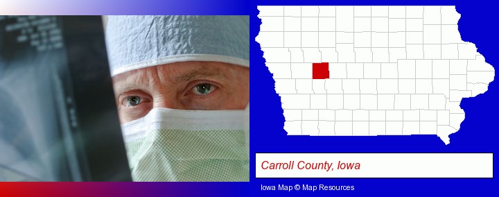 a physician viewing x-ray results; Carroll County, Iowa highlighted in red on a map