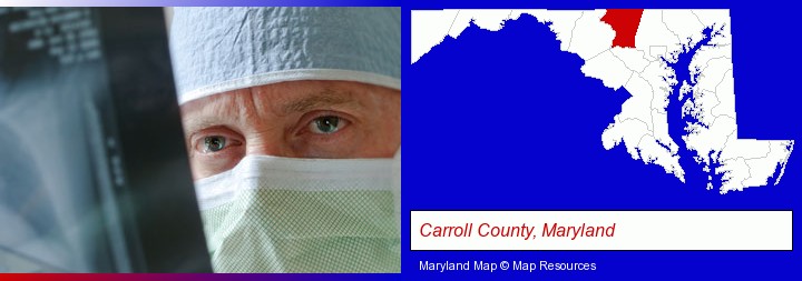 a physician viewing x-ray results; Carroll County, Maryland highlighted in red on a map