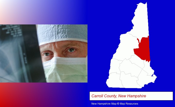 a physician viewing x-ray results; Carroll County, New Hampshire highlighted in red on a map