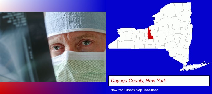 a physician viewing x-ray results; Cayuga County, New York highlighted in red on a map