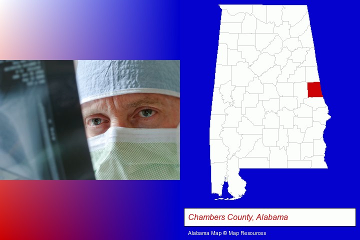 a physician viewing x-ray results; Chambers County, Alabama highlighted in red on a map