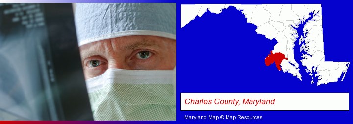 a physician viewing x-ray results; Charles County, Maryland highlighted in red on a map