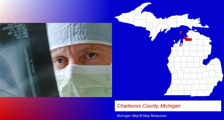 a physician viewing x-ray results; Charlevoix County, Michigan highlighted in red on a map