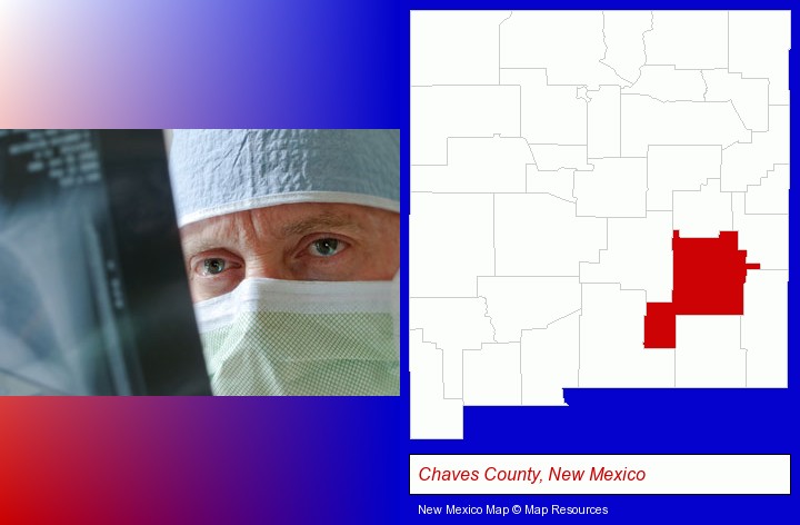 a physician viewing x-ray results; Chaves County, New Mexico highlighted in red on a map