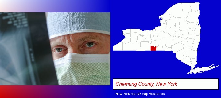a physician viewing x-ray results; Chemung County, New York highlighted in red on a map