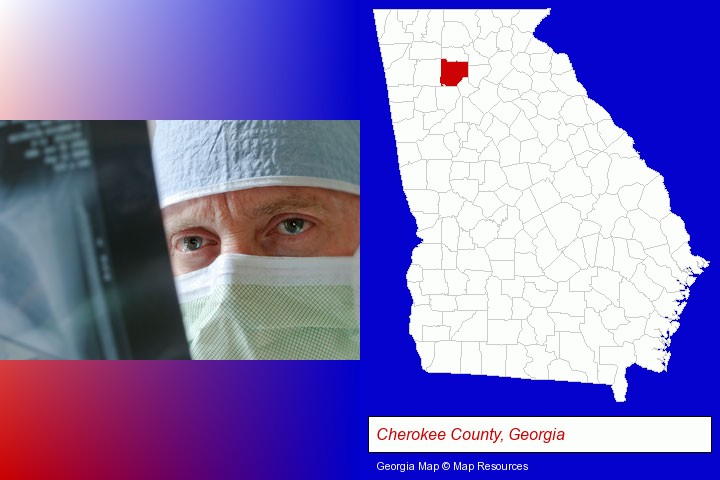 a physician viewing x-ray results; Cherokee County, Georgia highlighted in red on a map