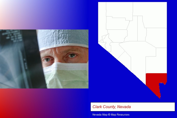 a physician viewing x-ray results; Clark County, Nevada highlighted in red on a map