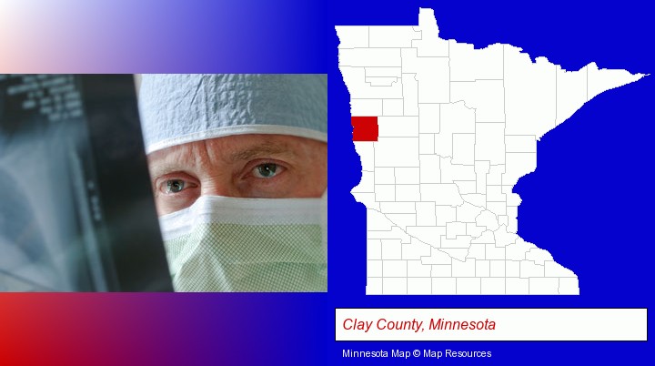a physician viewing x-ray results; Clay County, Minnesota highlighted in red on a map