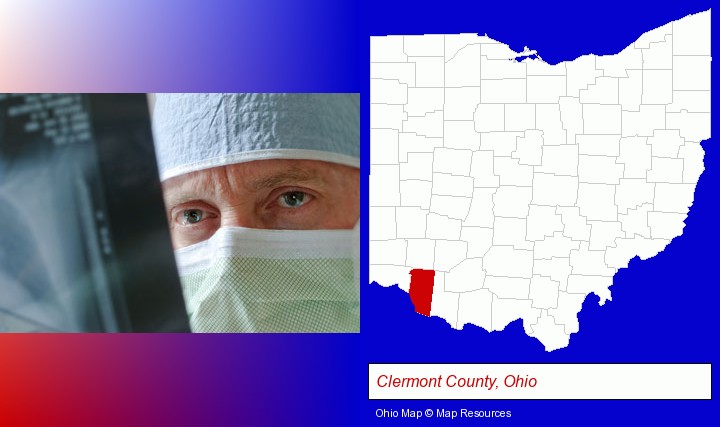 a physician viewing x-ray results; Clermont County, Ohio highlighted in red on a map