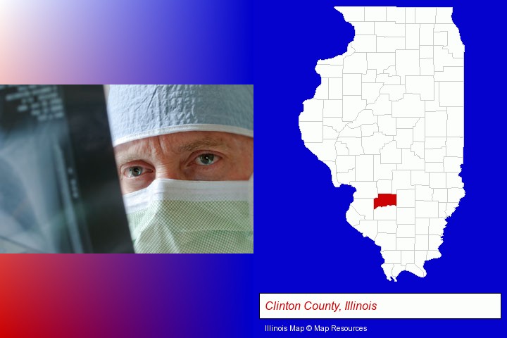 a physician viewing x-ray results; Clinton County, Illinois highlighted in red on a map