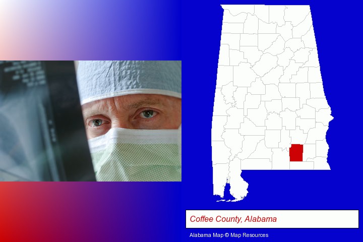 a physician viewing x-ray results; Coffee County, Alabama highlighted in red on a map