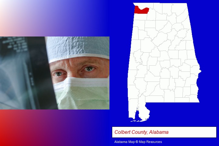 a physician viewing x-ray results; Colbert County, Alabama highlighted in red on a map