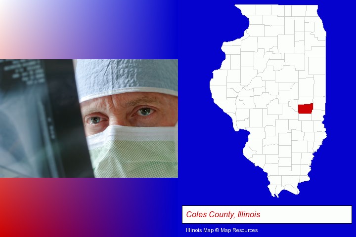 a physician viewing x-ray results; Coles County, Illinois highlighted in red on a map