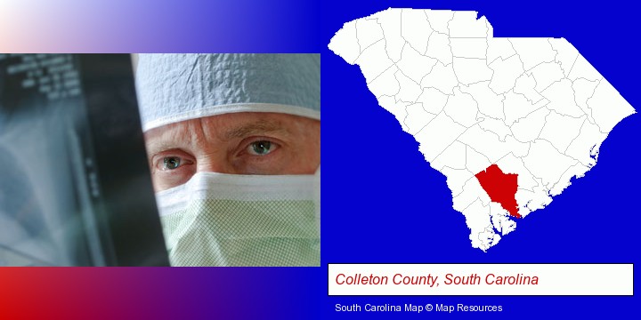 a physician viewing x-ray results; Colleton County, South Carolina highlighted in red on a map