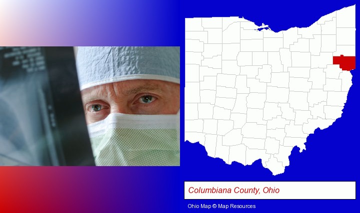 a physician viewing x-ray results; Columbiana County, Ohio highlighted in red on a map