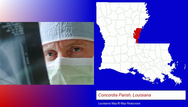 a physician viewing x-ray results; Concordia Parish, Louisiana highlighted in red on a map