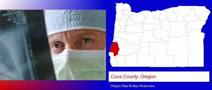 a physician viewing x-ray results; Coos County, Oregon highlighted in red on a map
