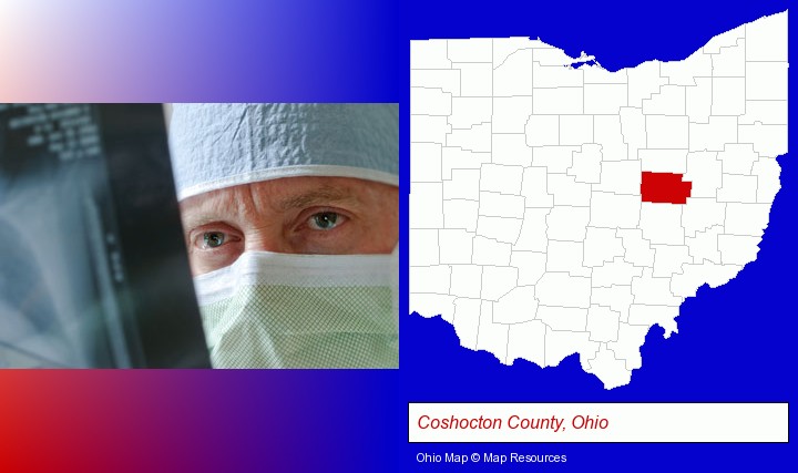 a physician viewing x-ray results; Coshocton County, Ohio highlighted in red on a map