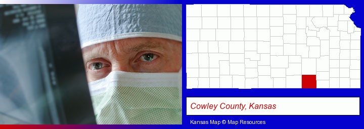a physician viewing x-ray results; Cowley County, Kansas highlighted in red on a map
