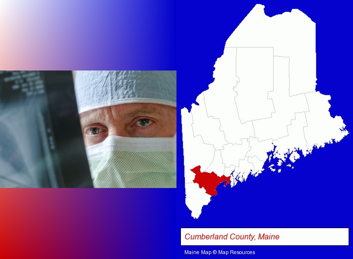 a physician viewing x-ray results; Cumberland County, Maine highlighted in red on a map