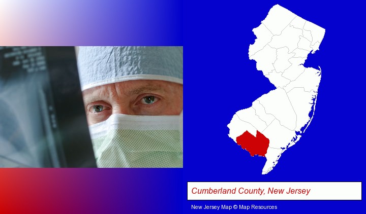 a physician viewing x-ray results; Cumberland County, New Jersey highlighted in red on a map
