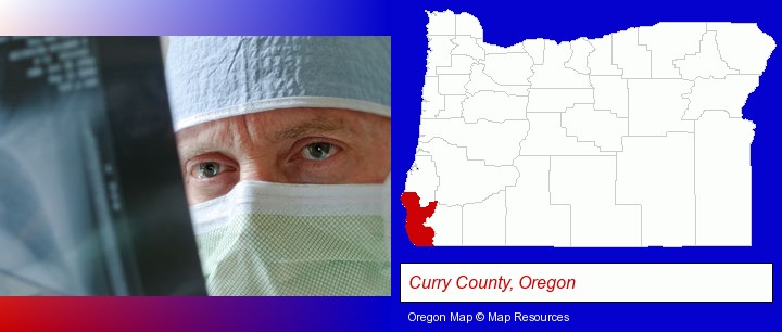 a physician viewing x-ray results; Curry County, Oregon highlighted in red on a map