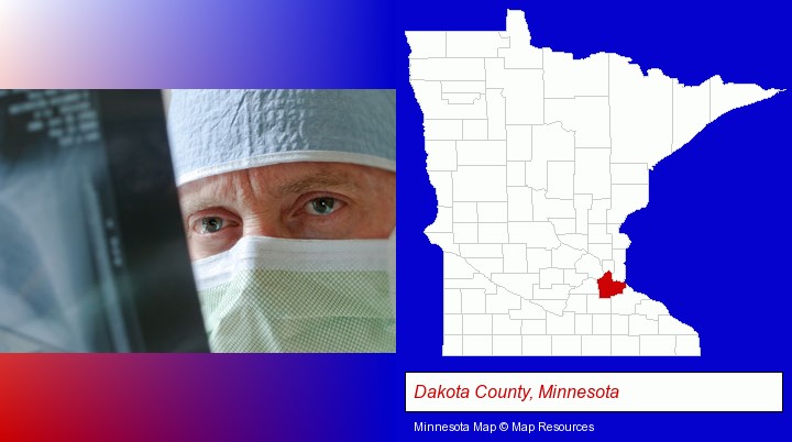 a physician viewing x-ray results; Dakota County, Minnesota highlighted in red on a map