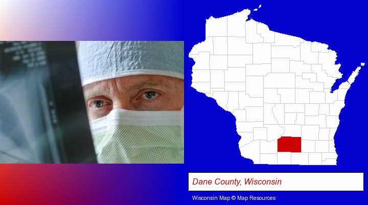 a physician viewing x-ray results; Dane County, Wisconsin highlighted in red on a map