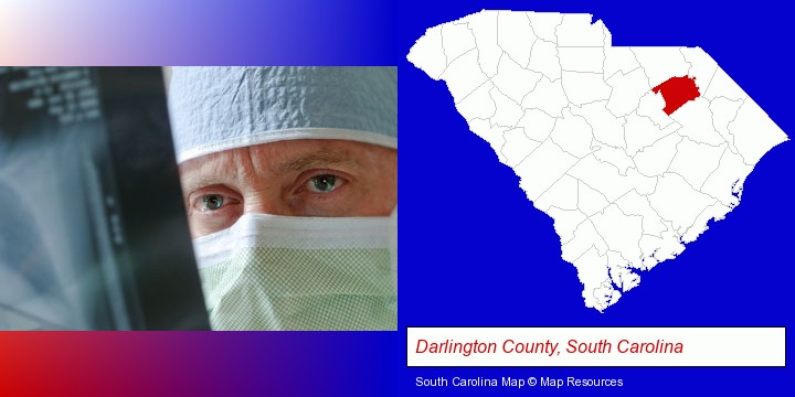 a physician viewing x-ray results; Darlington County, South Carolina highlighted in red on a map