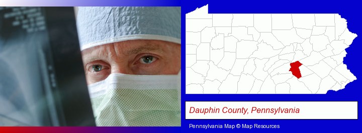 a physician viewing x-ray results; Dauphin County, Pennsylvania highlighted in red on a map