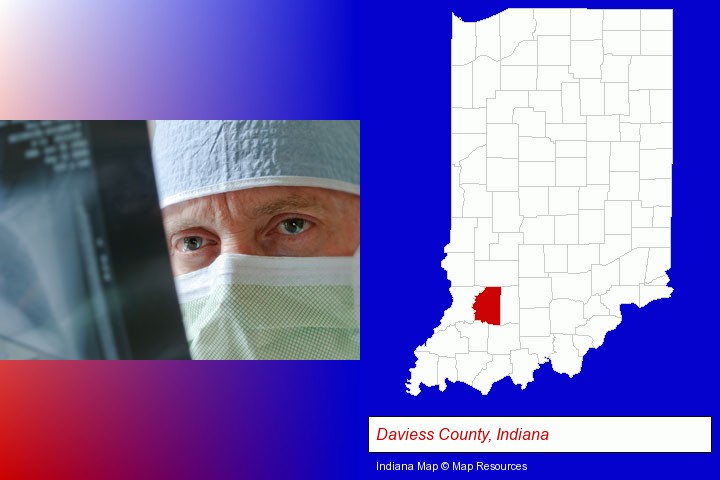 a physician viewing x-ray results; Daviess County, Indiana highlighted in red on a map
