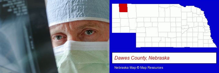 a physician viewing x-ray results; Dawes County, Nebraska highlighted in red on a map
