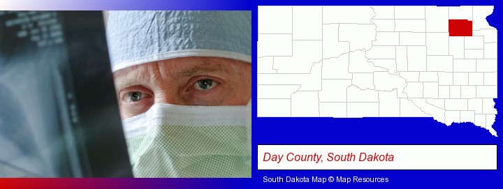 a physician viewing x-ray results; Day County, South Dakota highlighted in red on a map