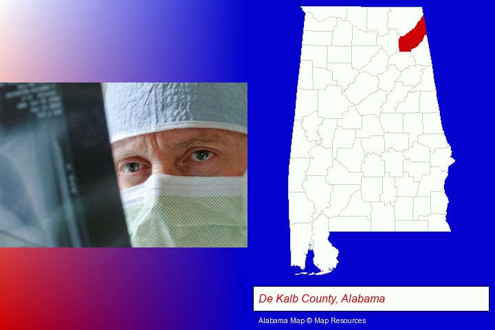 a physician viewing x-ray results; De Kalb County, Alabama highlighted in red on a map