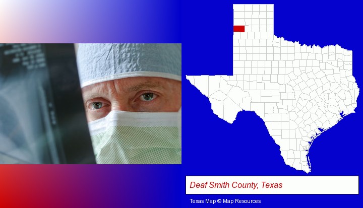 a physician viewing x-ray results; Deaf Smith County, Texas highlighted in red on a map