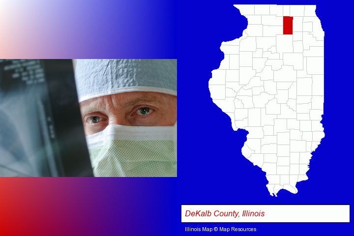 a physician viewing x-ray results; DeKalb County, Illinois highlighted in red on a map