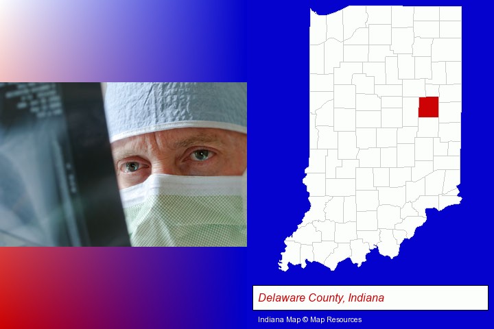 a physician viewing x-ray results; Delaware County, Indiana highlighted in red on a map