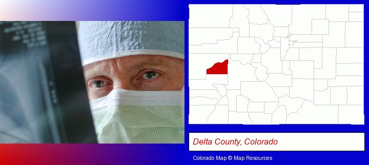 a physician viewing x-ray results; Delta County, Colorado highlighted in red on a map