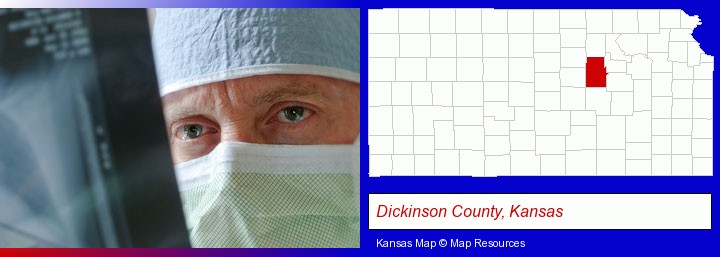 a physician viewing x-ray results; Dickinson County, Kansas highlighted in red on a map