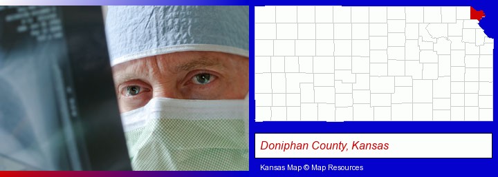 a physician viewing x-ray results; Doniphan County, Kansas highlighted in red on a map