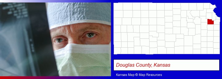 a physician viewing x-ray results; Douglas County, Kansas highlighted in red on a map